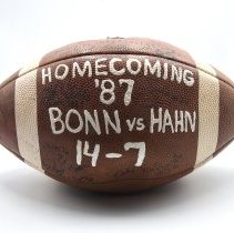 Game ball. Homecoming 1987 Bonn v. Hahn 14-7 with annotations