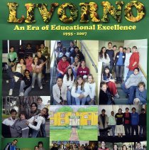 School Closing Poster. Livorno An Era of Educational Excellence 1955-2007. Closes its doors after more than a half centry of dedicated service to the children of the U.S. military families. Green with yellow lettering. Student picture collage.