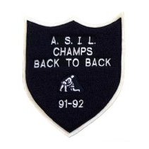 Patch. Black and white, shield. A.S.I.L. Champs Back to Back. 91-92