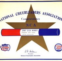 Certificate. National Cheerleaders Association congratulates NCA. Superstick Winner. Frankfurt High School. 1985/86 Cheerleaders.