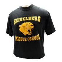T Shirt. Heidelberg Middle School. Black and Gold with mascot.