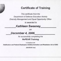 Department of Defense Education Activity. Certificate of Training. Diversity Management and Equal Opportunity Office. No Fear Training. December 4, 2006.