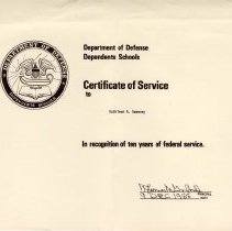 Department of Defense Dependents Schools. Certificate of Service. For 10 years of Federal Service. 1988