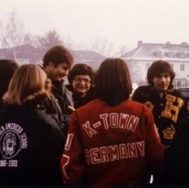 Color, 3.5x5. Students wearing letter jackets from Wiesbaden American School, Kaiserslautern, and Heidelberg, Germany