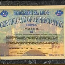 Plaque. Heidelberg Sea Lions Certificate of Appreciation. Wes Sisson. 2006.