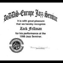 Dodds Europe Jazz Seminar Certificate And Drawing January 21-25 1998 2