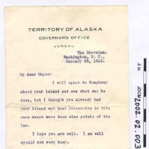 Letter From Governor of Alaska to M. J. O'Connor 1912