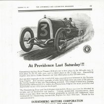 (1036)Advertisement featuring a rendering of a Duesenberg race car