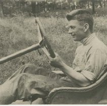 (89)1910 Mason Race Car, Harry Endicott at wheel, woodsy setting