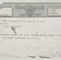 (206-01) Telegram Announcing Duesenberg's Death and Funeral