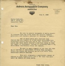 (58-01) Letter to porter Rudisill from V.C. Clark to Note of Parts Returned
