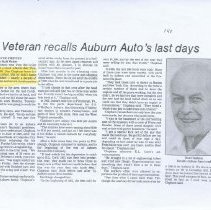 (279-01) "Veteran Recalls Auburn Auto’s Last Days", Article