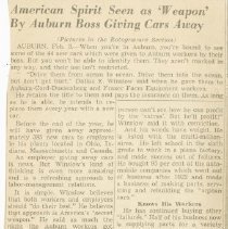 (682-01) "American Spirit Seen as ‘Weapon’ by Auburn Boss Giving Cars Away"