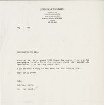 Memo to Del Johnson from John Martin Smith. May 1, 1986