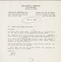Letter from Dick Greene to former Blue Blazer winners. July 19, 1986