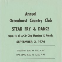 Poster for the Annual Greenhurst Country Club steak fry. September 3, 1976