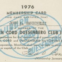 John A. Randinelli Auburn-Cord-Duesenberg Club membership card for 1976