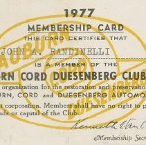 John A. Randinelli Auburn-Cord-Duesenberg Club membership card for 1977