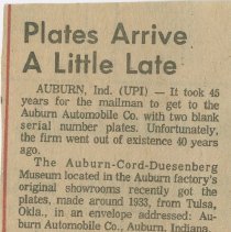 "Plates Arrive A Little Late" Indianapolis News, April 5, 1978