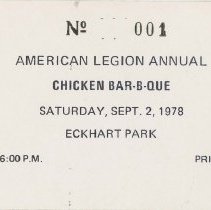 American Legion Annual Chicken bar – b – que ticket, September 2, 1978
