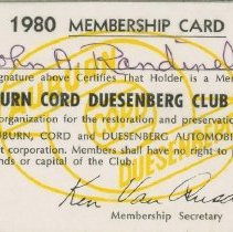 John A. Randinelli Auburn-Cord-Duesenberg Club membership card for 1980
