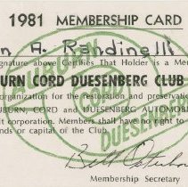 John A. Randinelli Auburn-Cord-Duesenberg Club membership card for 1981
