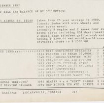 Memo dated September 1982 stating MUST SELL THE BALANCE OF MY COLLECTION