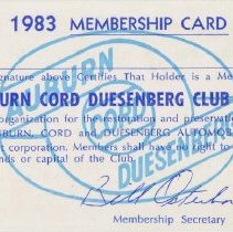 Auburn-Cord-Duesenberg Club membership card for 1983