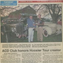 "ACD Club honors Hoosier Tour creator" The Evening Star September 1, 1998
