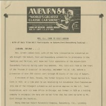 "Mrs. E.L. Cord To Visit Auburn" ACD Festival, 1984, page 1