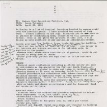 Memo to ACD Festival from Laura Brinkman with written notes. 4/29/1992, p.1