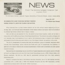 "50 CONSECUTIVE CARS TO BE SOLD WITHOUT RESERVE DURING SUNDAY'S LABOR DAY CLASSIC CAR AUCTION" News: from the World's largest Collector Car Auction Firm, August 22, 1977