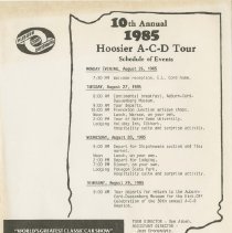 10th Annual 1985 Hoosier A - C - D Tour Schedule of Events, August 26 - 29, 1985