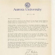 Letter to A - C - D Club Member from Aurora University about being invited to the Auto show in June. April 12, 1985