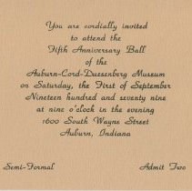 Invitation and envelope to the Fifth Anniversary Ball of the Auburn-Cord-Duesenberg Museum. September 1, 1979
a.Letter to Janice Bundy, President of Tri Kappa, from John Martin about the proposed contract for the next three years.