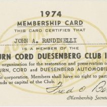 Auburn-Cord-Duesenberg Club membership card for John A Randinelli, 1974