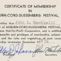 Certificate of Membership in Auburn-Cord-Duesenberg Festival for John Randinelli, 1974