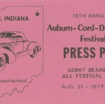19th Auburn-Cord-Duesenberg Festival Press Pass, 1974
