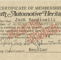 Certificate of Membership for the Auburn Automotive Heritage for Jack Randinelli, 1974