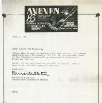 Letter to Auburn '83 Planners about meeting on July 24, from Auburn - Cord - Duesenberg Museum, July 5, 1983