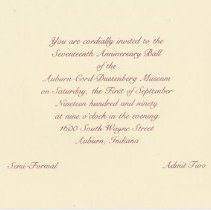 Invitation to the Seventeenth Ball of the Auburn-Cord-Duesenberg Museum, September 1, 1990