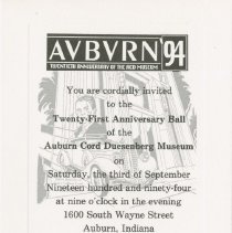 Invitation to Twenty - First Anniversary Ball of the Auburn-Cord-Duesenberg Museum. September 3, 1994