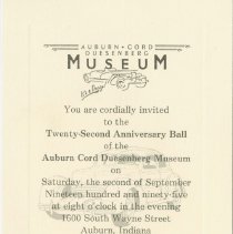 Invitation of the Twenty - Second Anniversary Ball of the Auburn-Cord-Duesenberg Museum on September 2, 1995