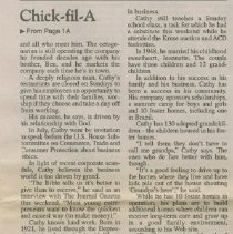 "Chick - fil - A founder finds joy through work, faith" by Joyce McCartney, the Journal Gazette, September 3, 2002