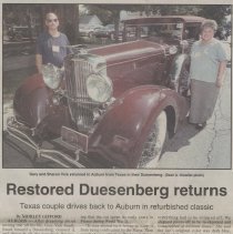 "Restored Duesenberg returns" by Shirley Gifford, The Evening Star, September 1, 2000