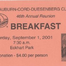 Auburn-Cord-Duesenberg Club Breakfast ticket, September 1, 2001