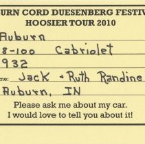 Auburn-Cord-Duesenberg Hoosier Tour 2010 window card for the Randinelli's