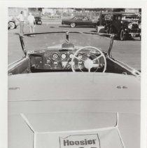 Black and white photo of the rear view of a Cord 810 or 812 convertible coupe