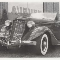 1936 Auburn 852 in front of the Auburn Cord Duesenberg Automobile Museum
