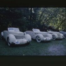 Line of four Cord 810 - 812 convertible Coupes in a forest